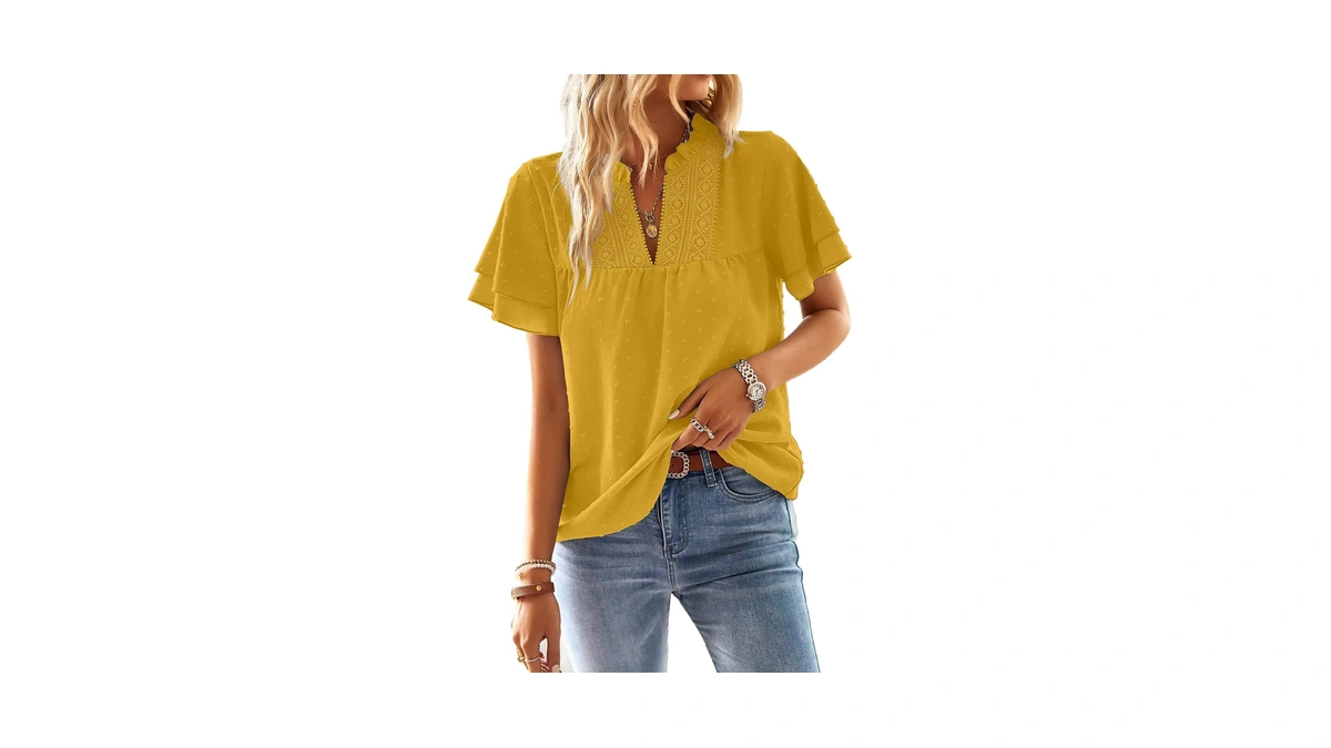 Falechay Womens Tops Boho V Neck Short Sleeve Blouses Yellow