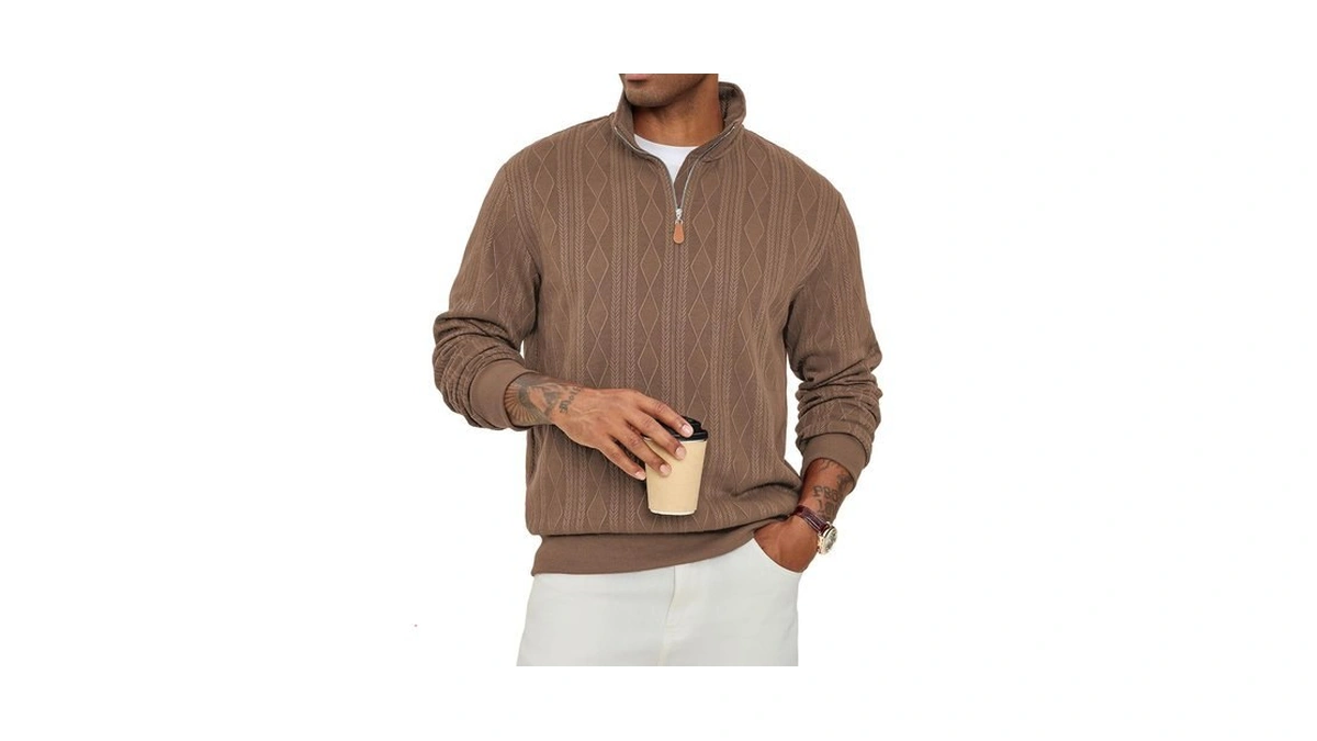 Jmierr Mens Quarter Zip Pullover Sweatshirt Casual Sweater, Dark Brown,