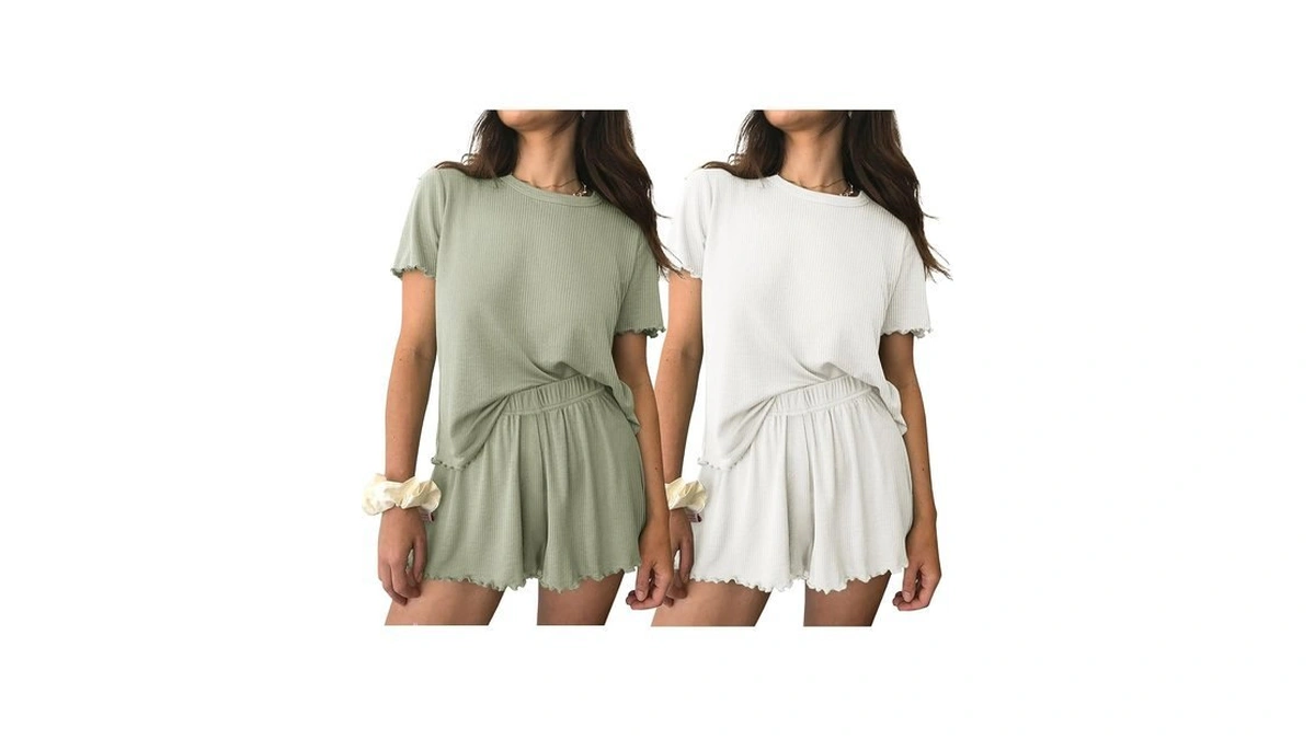Ekouaer 2 Packs Women Pajama Set Short Sleeve Sleepwear Soft