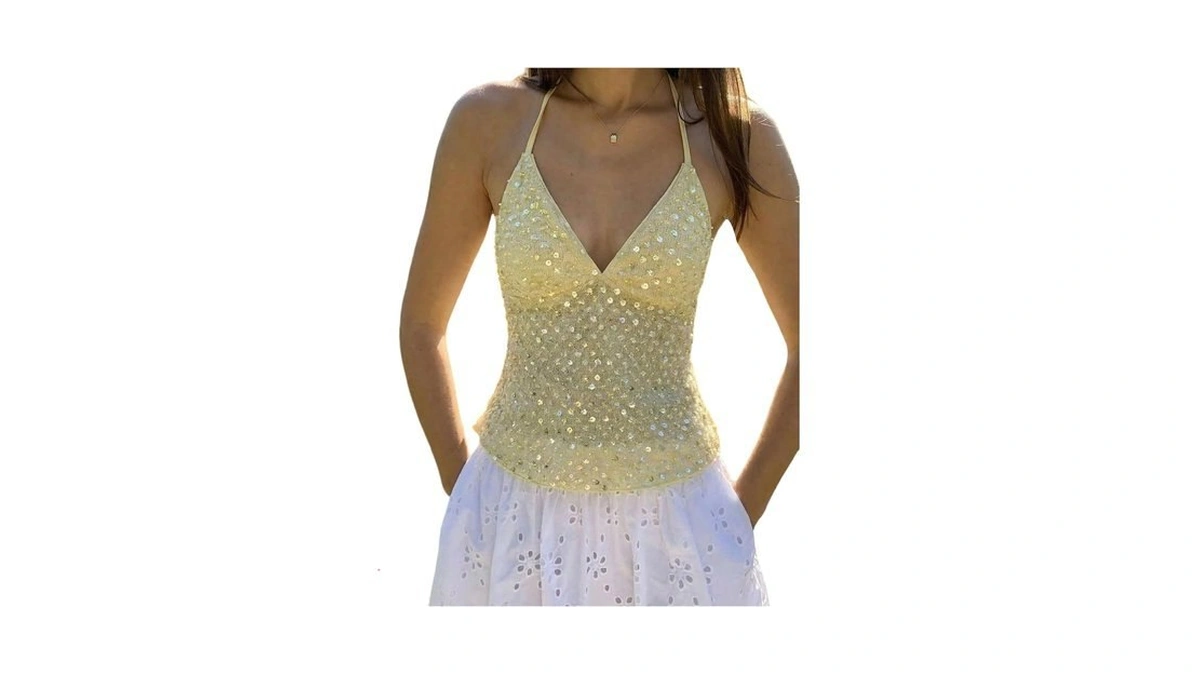 Makemechic Women's Y2k Sequin V Neck Halter Top Sparkle Fitted