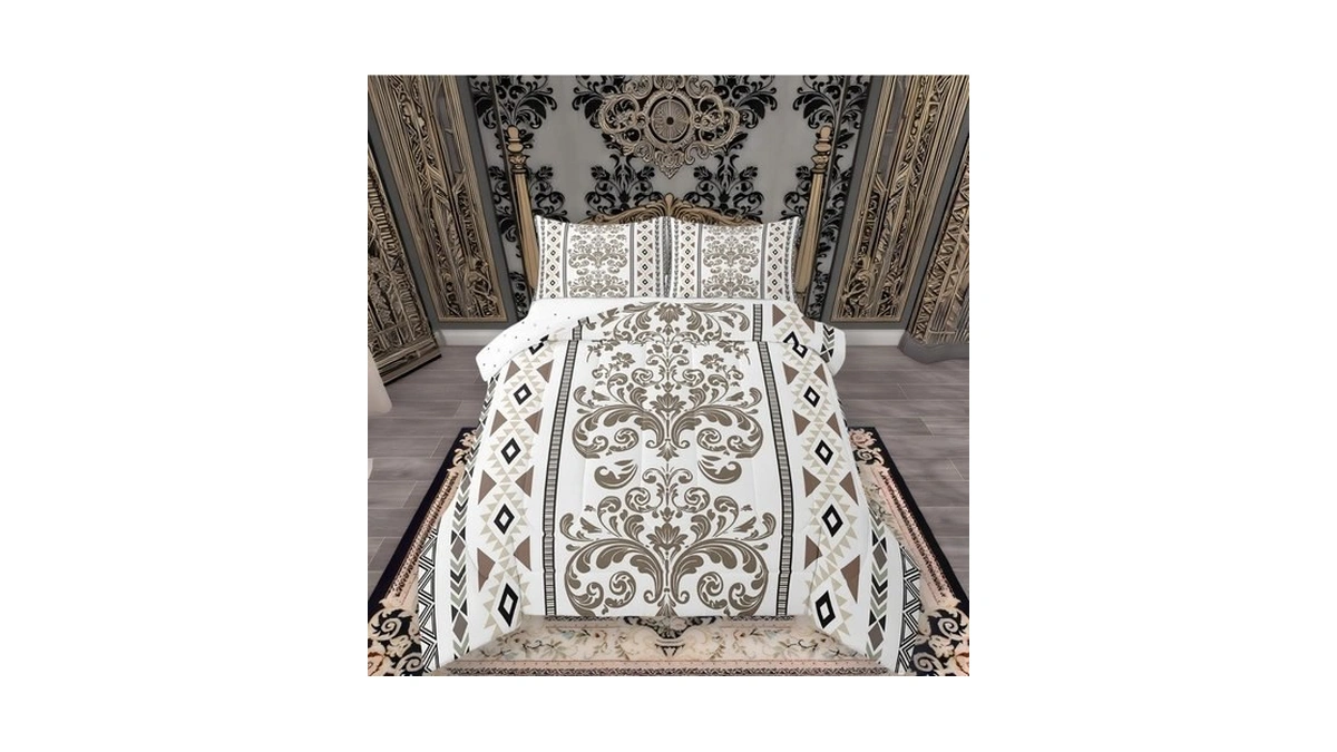Comforter Set Full Size, Olive Brown Damask Aztec 3 Pcs