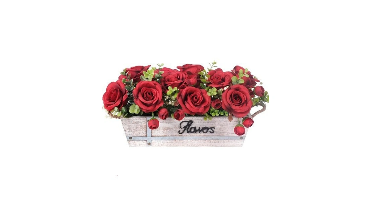 Centerpiece Table Decorations Rustic Wood Tray With 3 Artificial Red