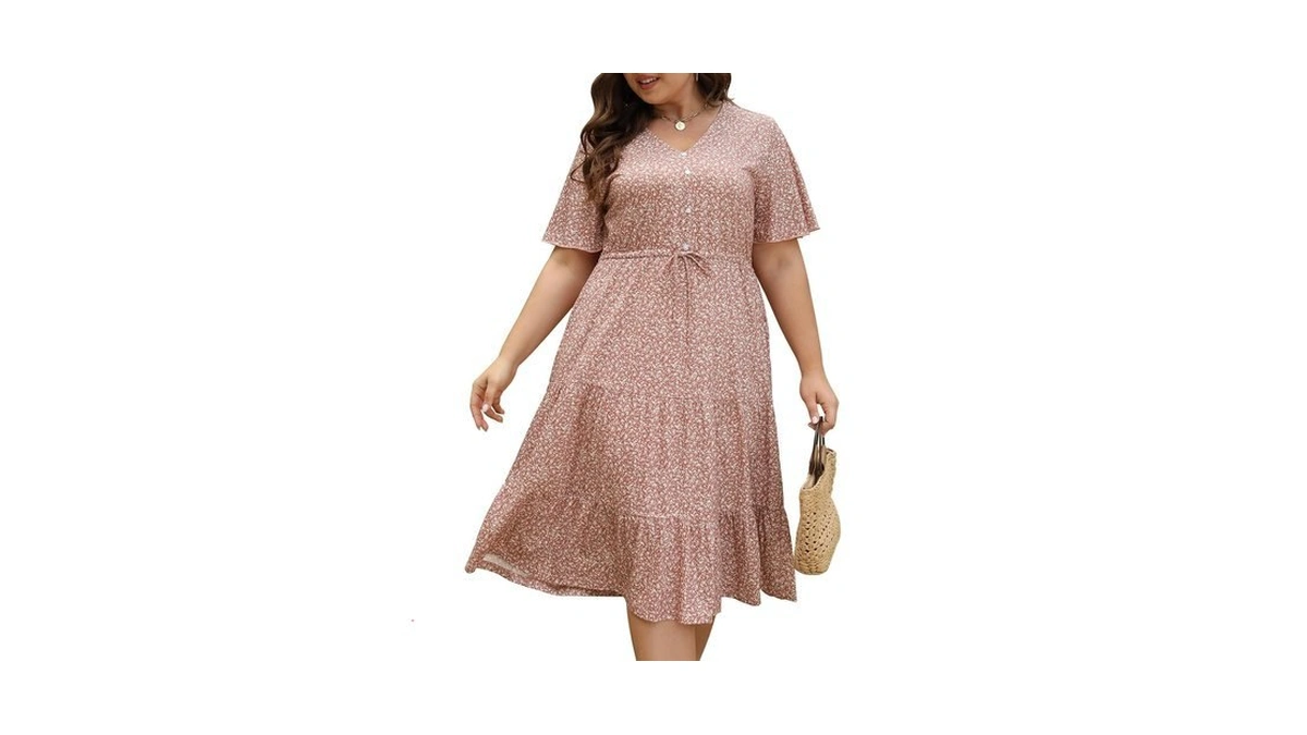 Keluummi Women's Plus Size V Neck Short Sleeve Empire Waist