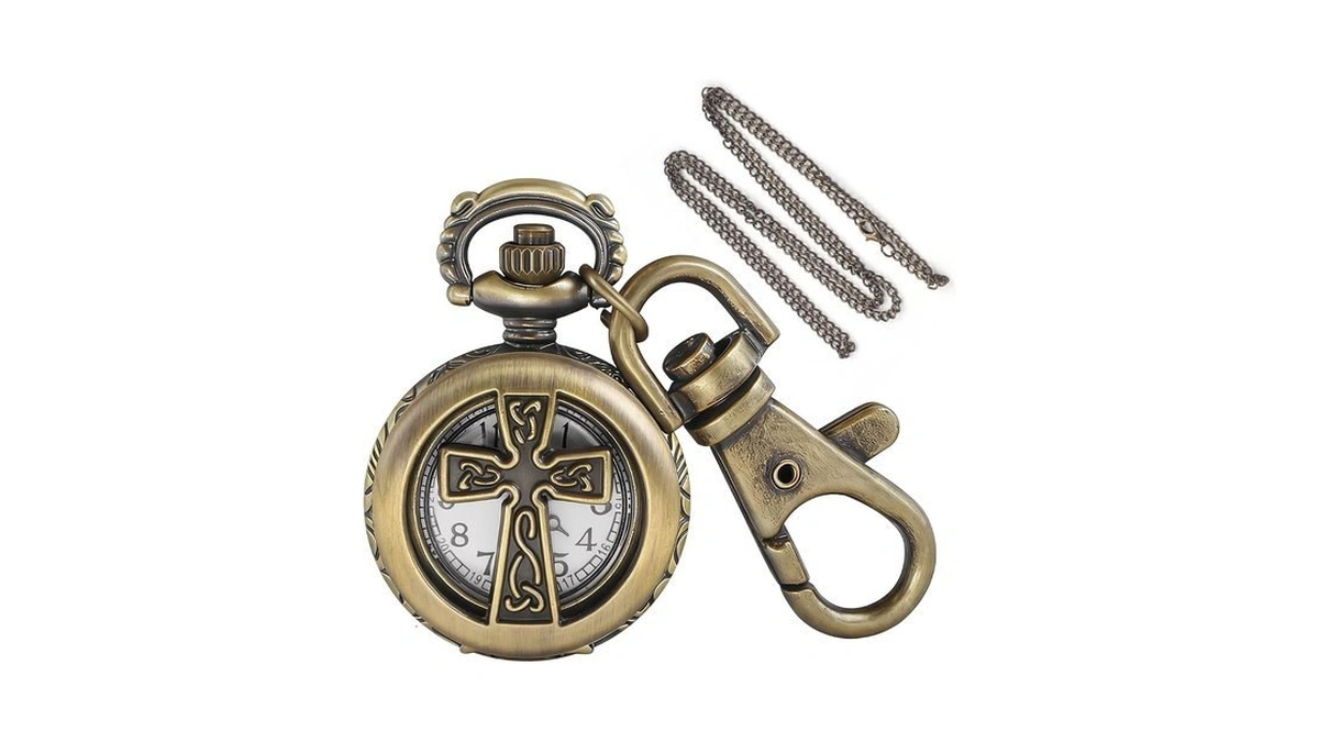 Tiong Cross-shaped Brown Men's Quartz Pocket Watch Keychain, Portable Round