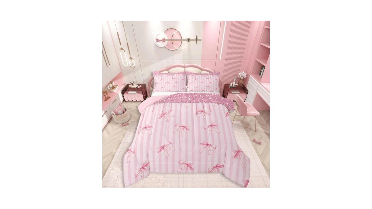 Jejeloiu Cute Bowknot Comforter Set Stripes Bow Bedding Set Twin