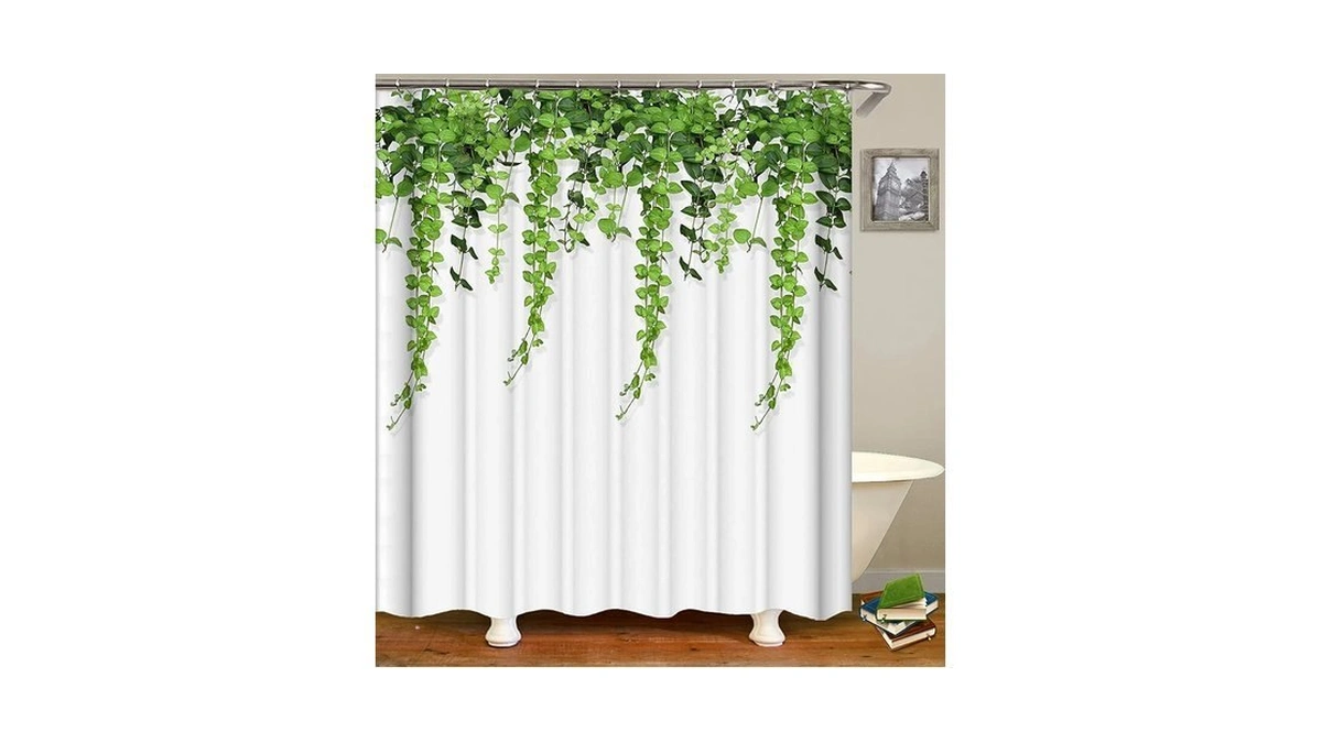 Green Vine Shower Curtain Set, Minimalist Botanical Leaves Shower Curtain