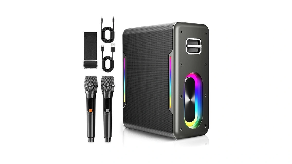 Portable Karaoke Machine, With 2 Wireless Microphones & Led Party