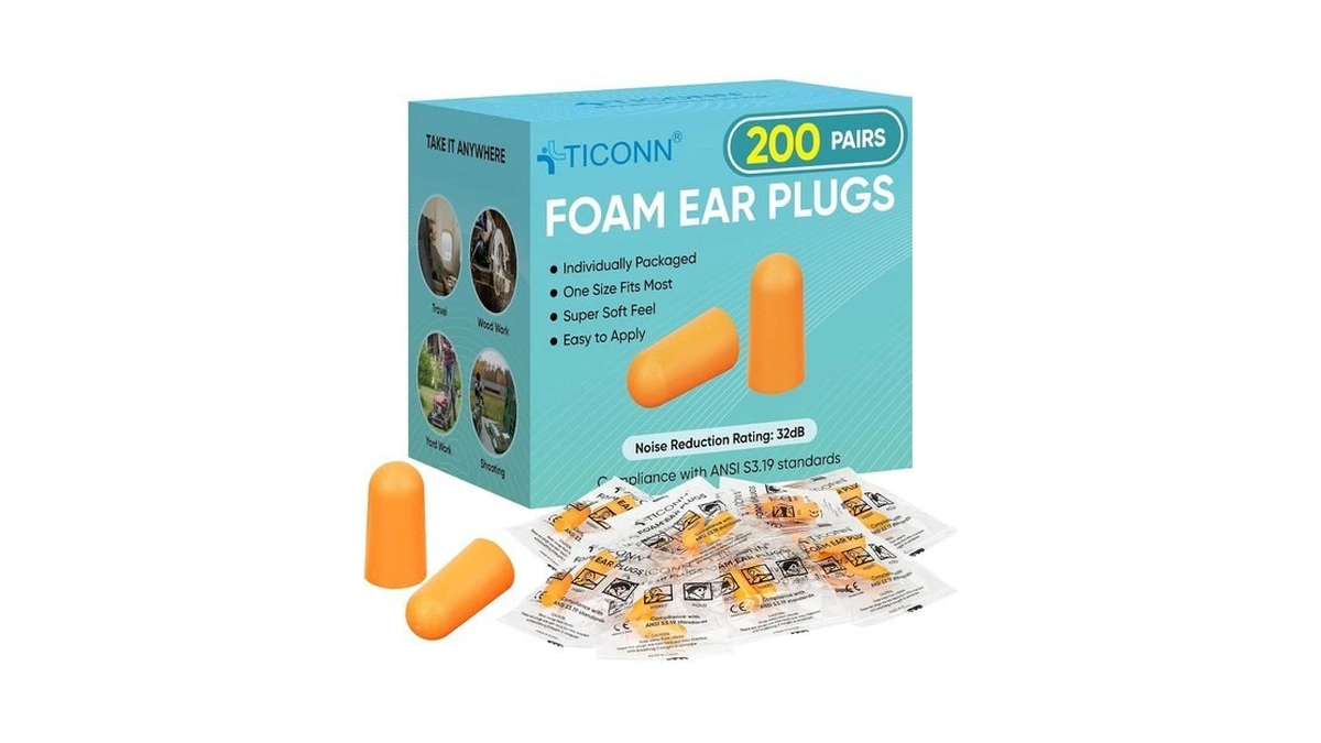 Ticonn 200 Pairs Foam Ear Plugs Individually Wrapped, 32db Nrr