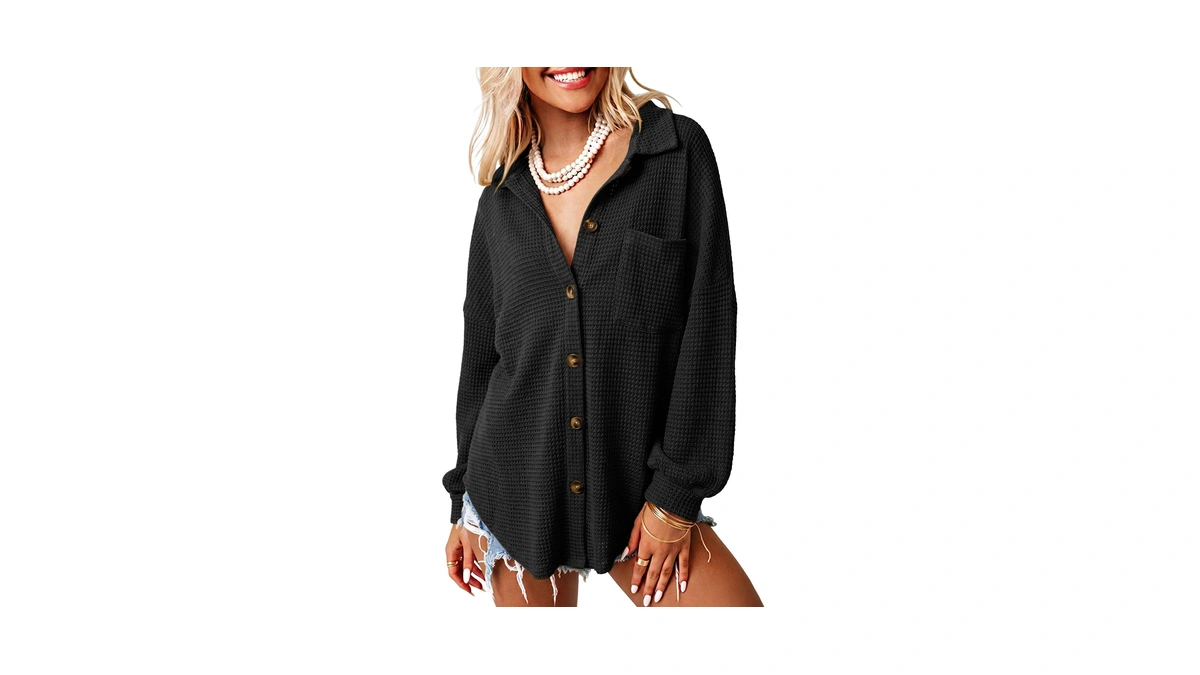 Dokotoo Women's Waffle Knit Shacket Long Sleeve Black Shacket Xl