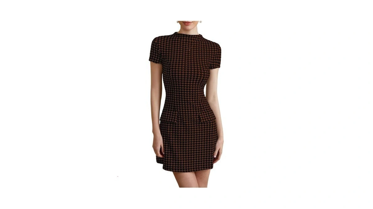 Winkbay Women's Houndstooth Mock Neck Short Sleeve Flared A Line