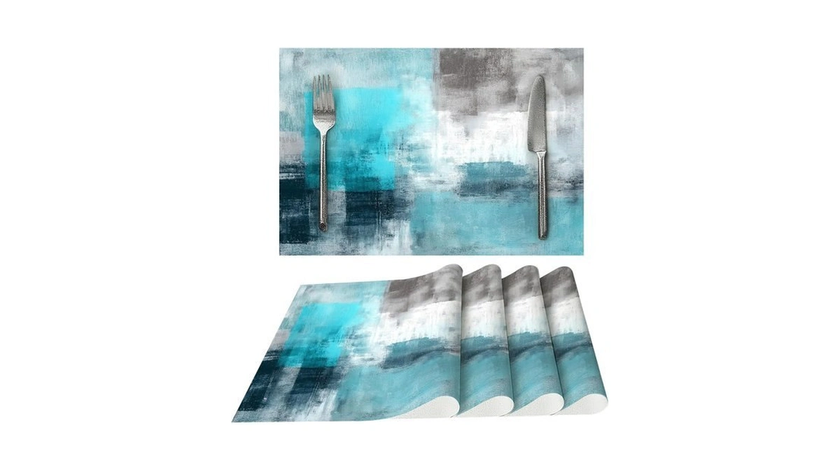 Blue And Grey Placemats Set Of 4 Washable Table Place