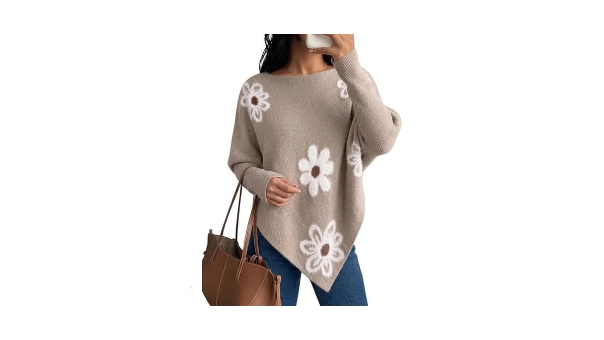 Pink Queen Fall Sweaters For Women 2026 Floral Batwing Poncho