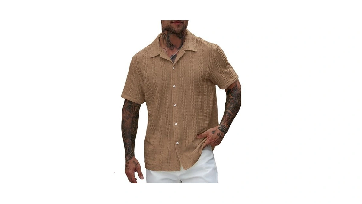 Roseseek Men's Textured Button Down Shirts Casual Vacation Beach Tops