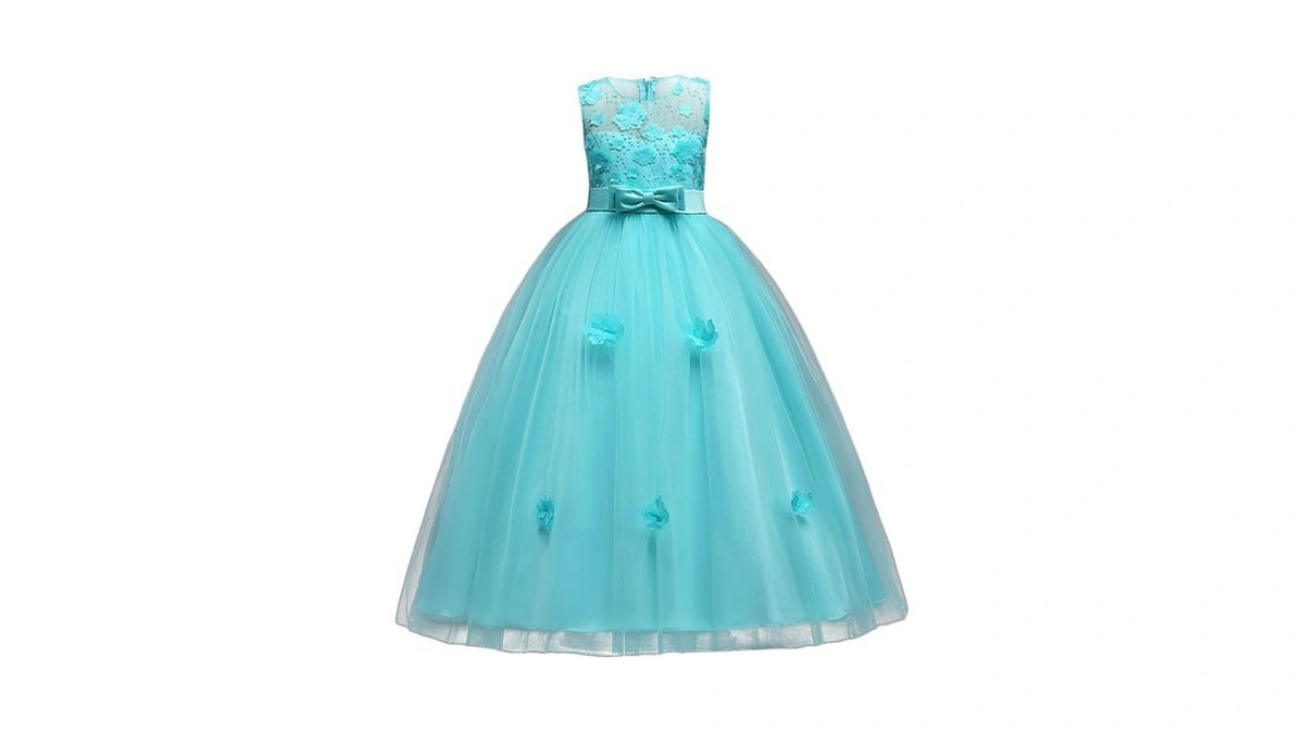 Kids Girls Tulle Princess Long Applique Flower Dress Lace Pageant