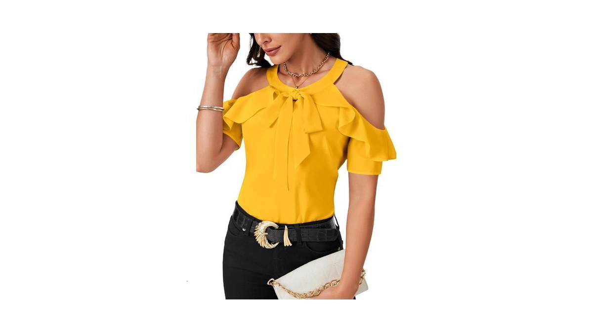 Rooscier Women's Cold Shoulder Tie Knot Blouses Yellow Xx-large