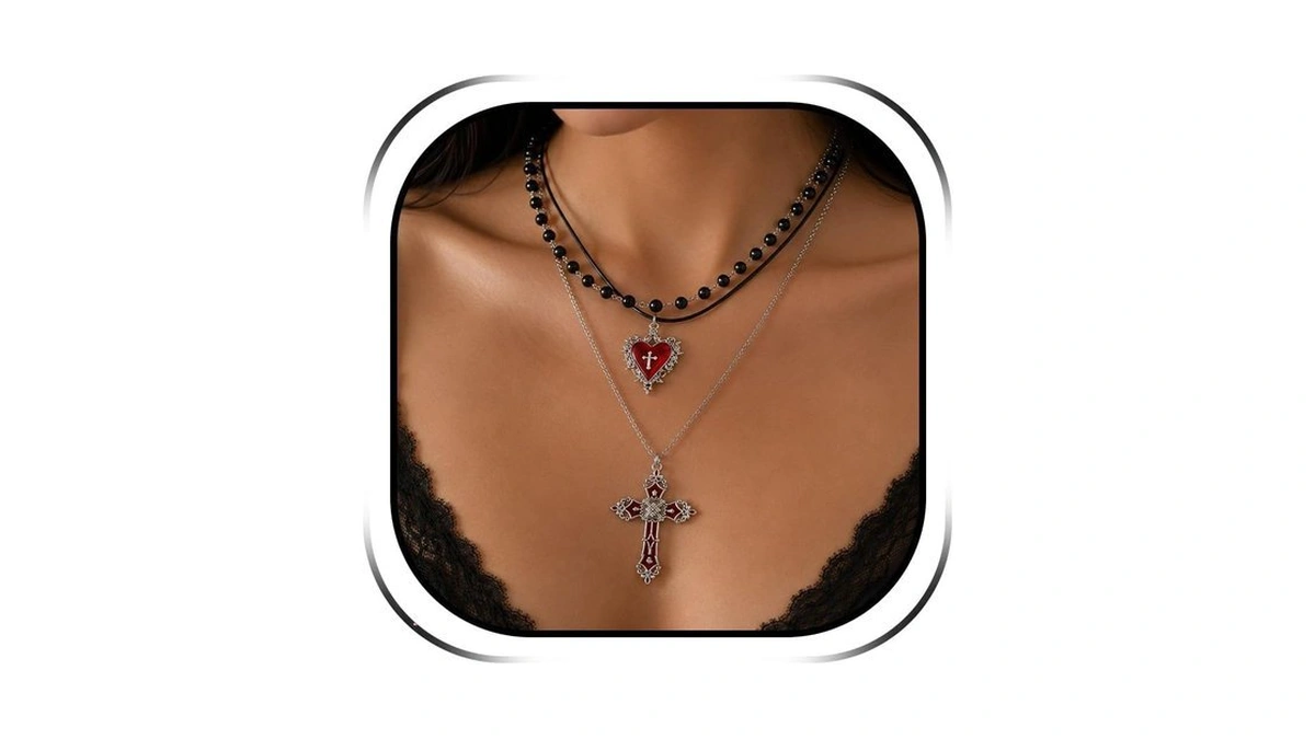 Zurlcdye Gothic Cross Necklace For Women Layered Heart Pendant Punk