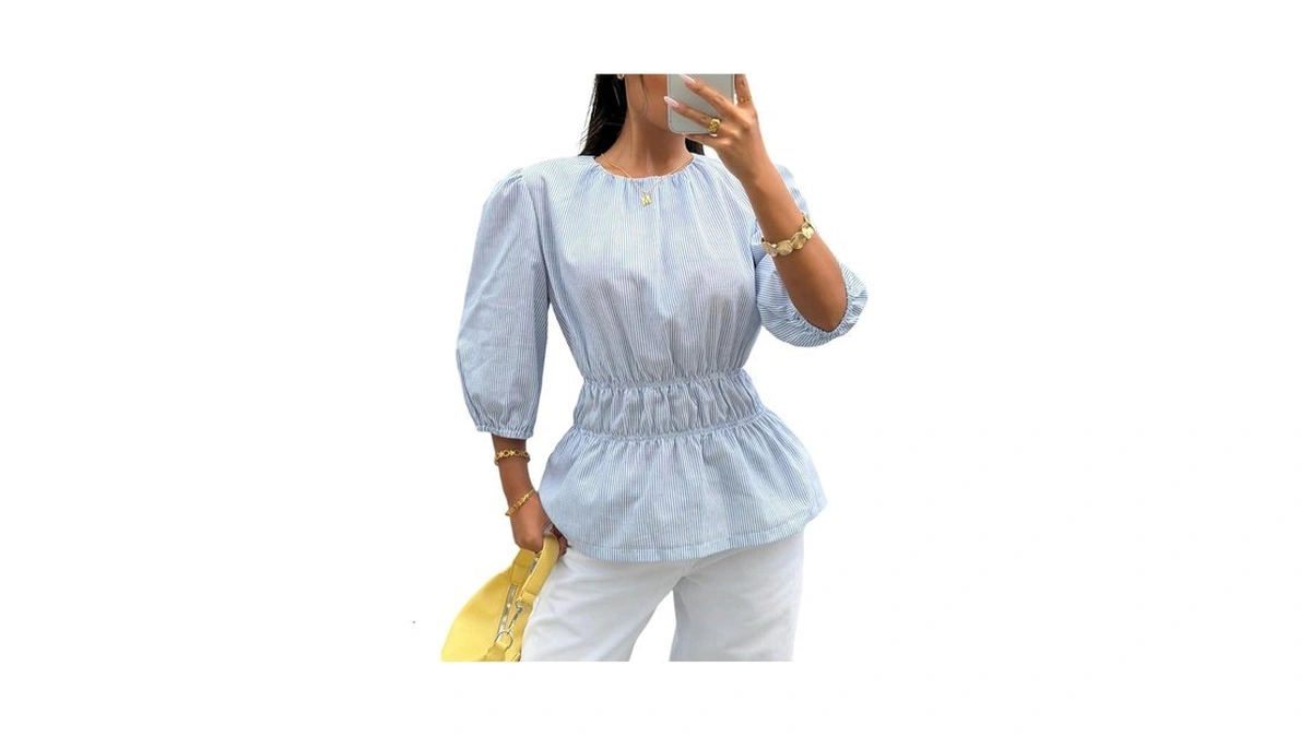 Soly Hux Women's Striped Peplum Blouse Ruffle 3/4 Sleeve Smocked