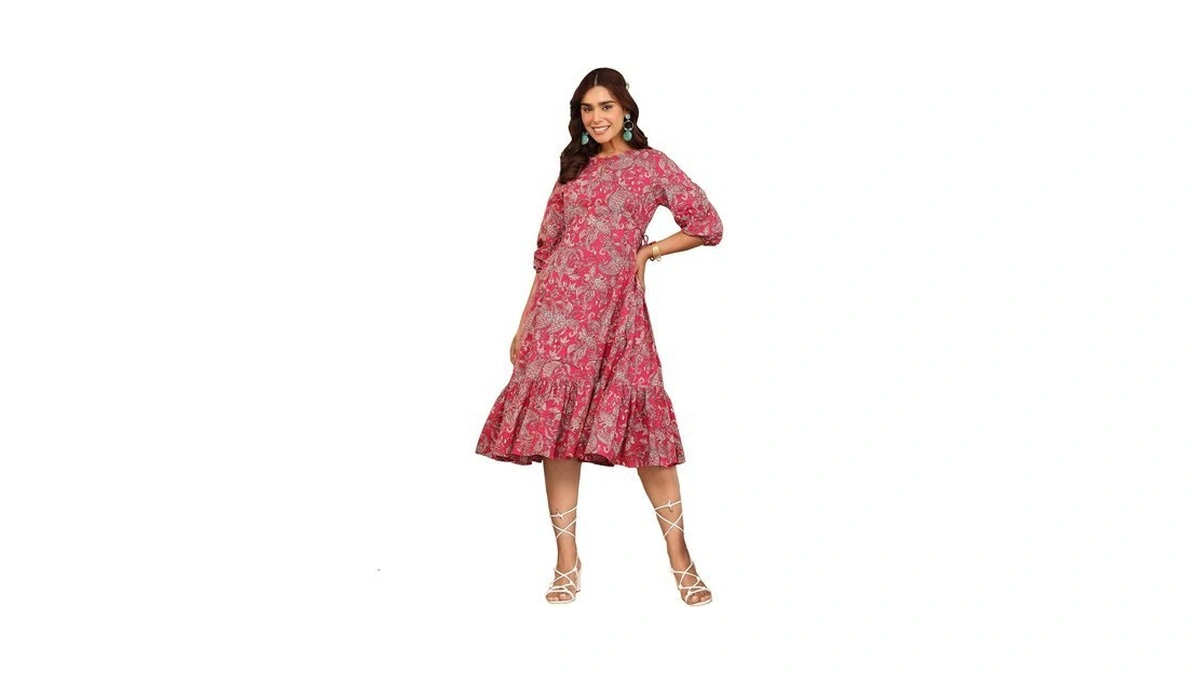 Janasya Women's Cotton Pink Floral Print Casual Wear Summer Dress