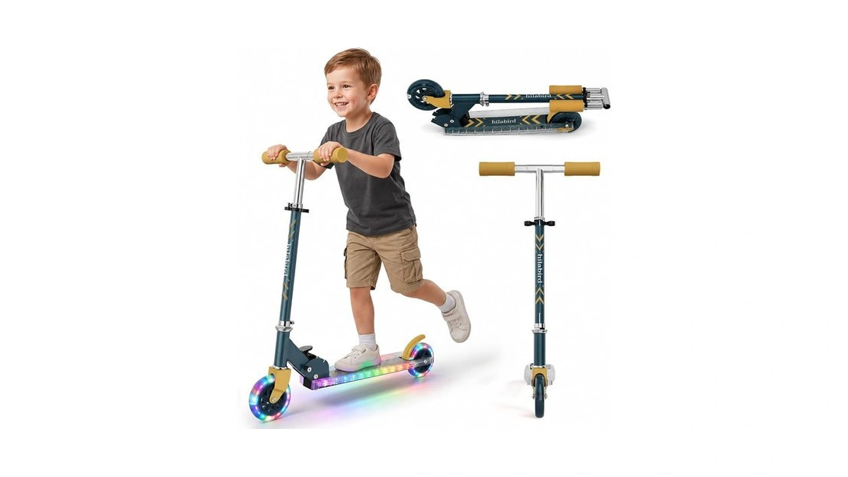 Light Up Kids Scooter Ages 5+, Foldable And Adjustable, Blue