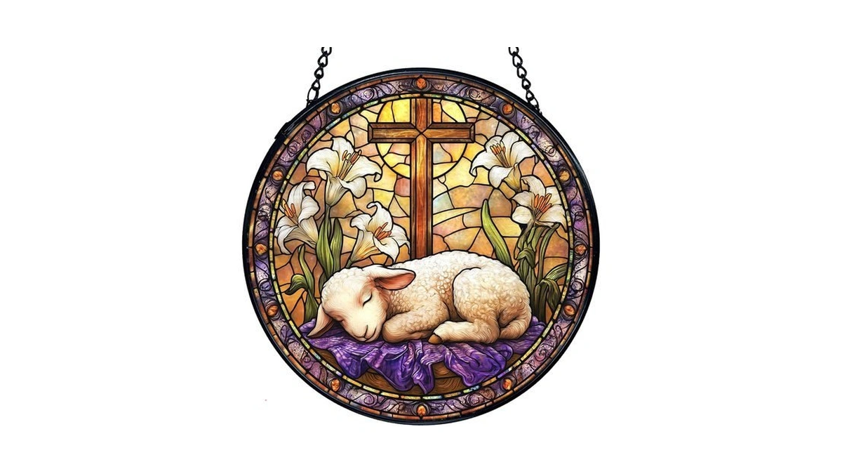 Tnuw Easter Lamb Christian Cross Stained Glass Window Hanging, Christian