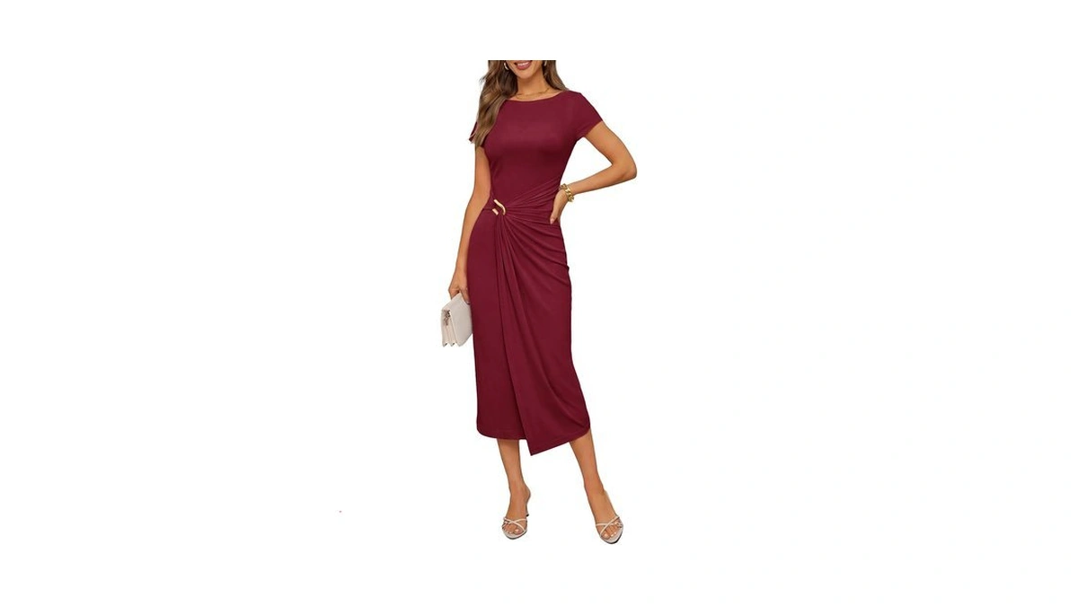 Merokeety Womens Summer Formal Short Sleeve Bodycon Dress, Burgundy, Xl