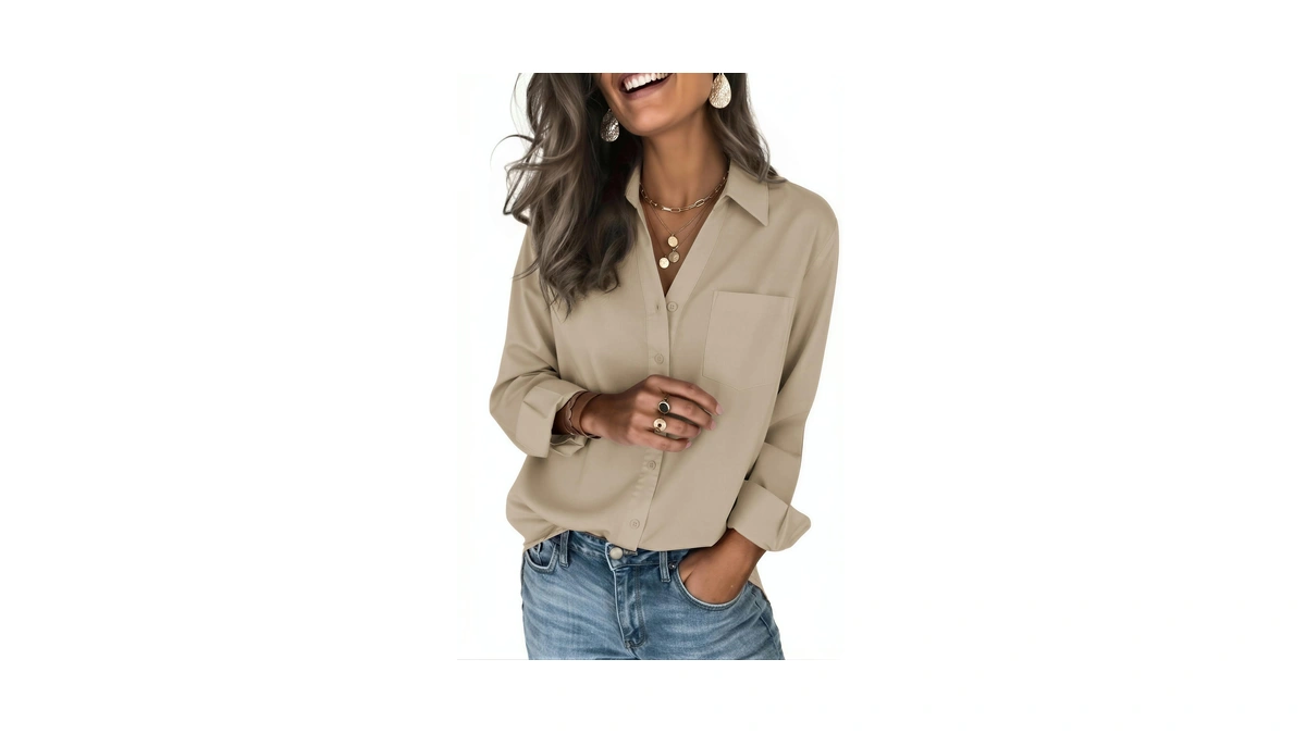 Zeagoo Womens Long Sleeve Button Down Blouse Khaki Tops