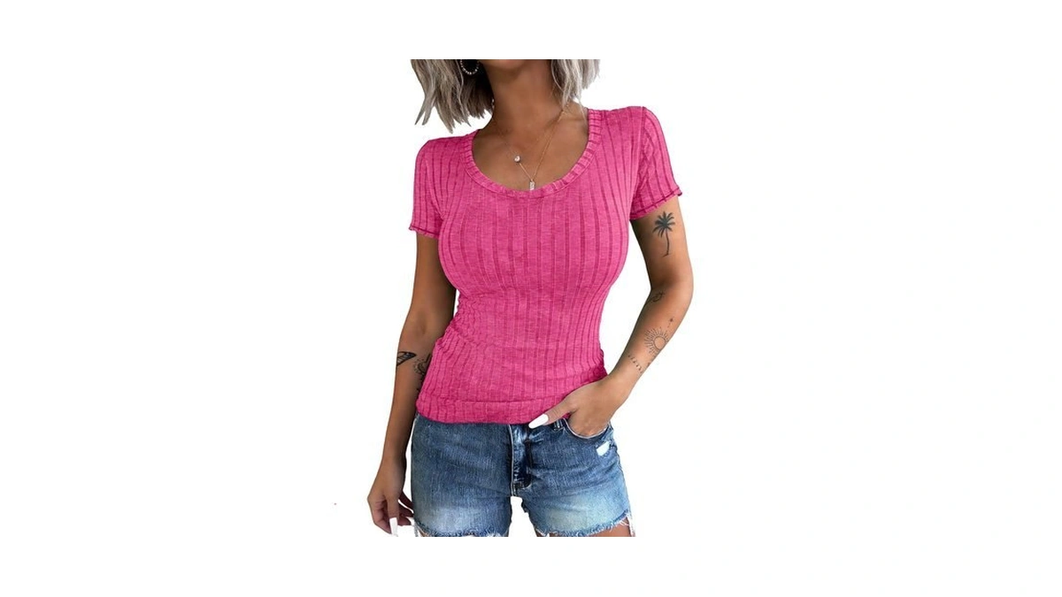 Kinlonsair Womens Basic Tops Lightweight Ribbed Knit Short Sleeve T-shirt