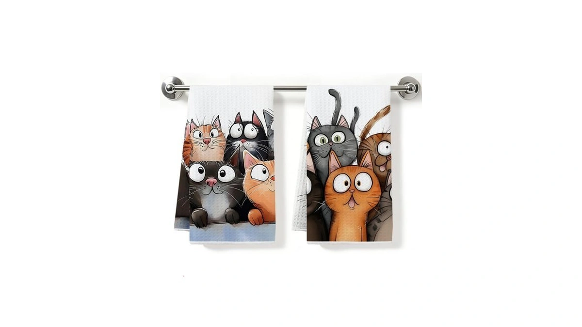 2pcs Cute Cartoon Cat Kitchen Towels Waffle Soft Dish Hand
