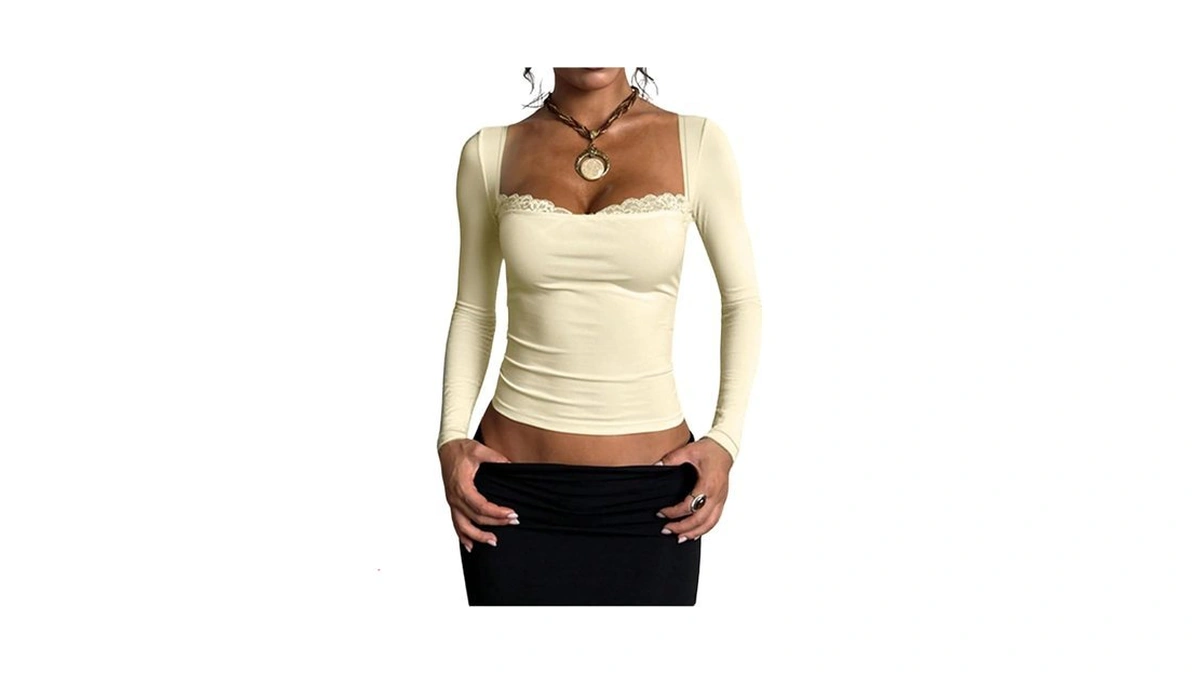 Roseseek Women's Lace Trim Crop Tops Square Neck Long Sleeve