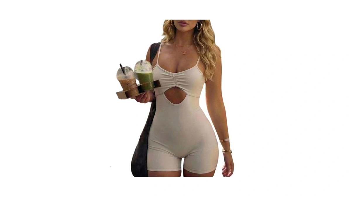 Verdusa Women's Hollow Out Romper Ruched Spaghetti Strap Backless Workout