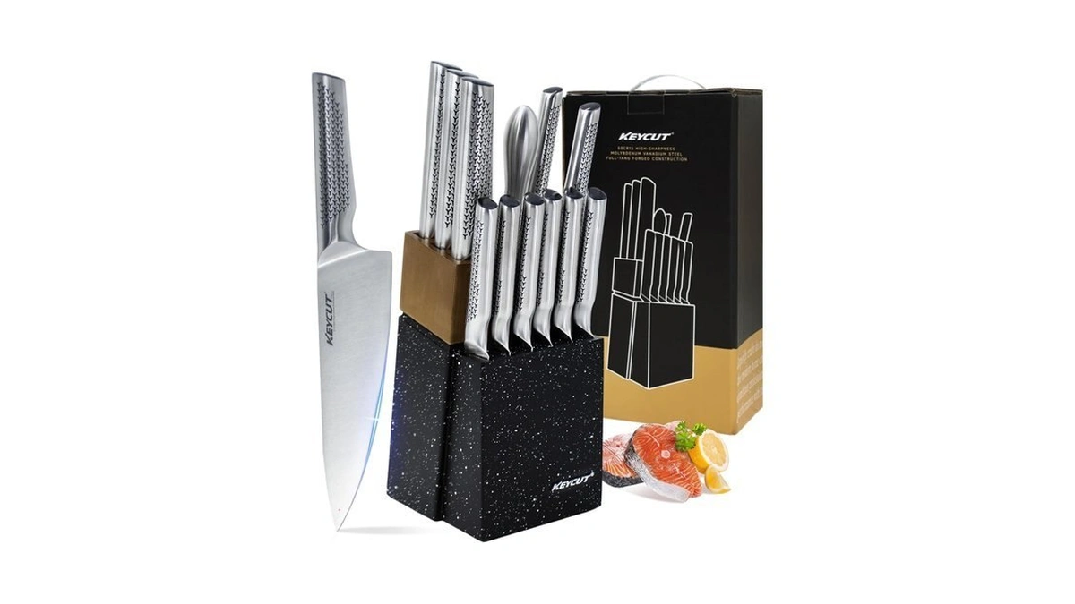 Keycut 13pcs Knife Set With Block And Sharpener, Full Tang