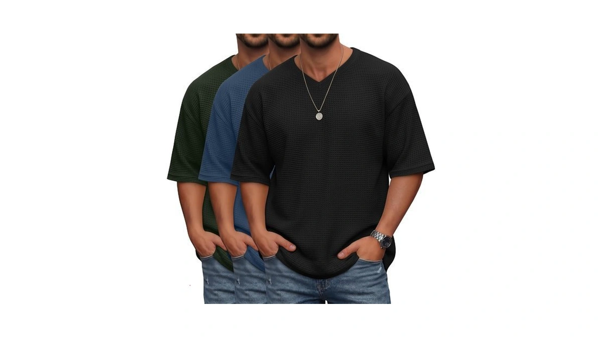 Velvelhall 3 Pack Men's Waffle T-shirts, 3-color, Large