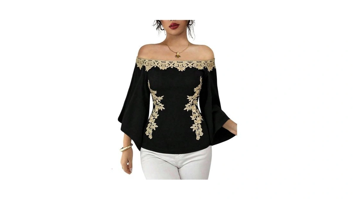 Wdirara Women's Off The Shoulder Tops Floral Applique Bell Sleeve