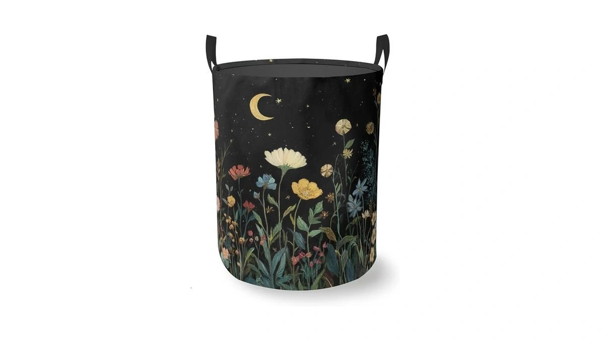 Starry Night Flowers Round Laundry Hamper Storage Basket Toys Clothes