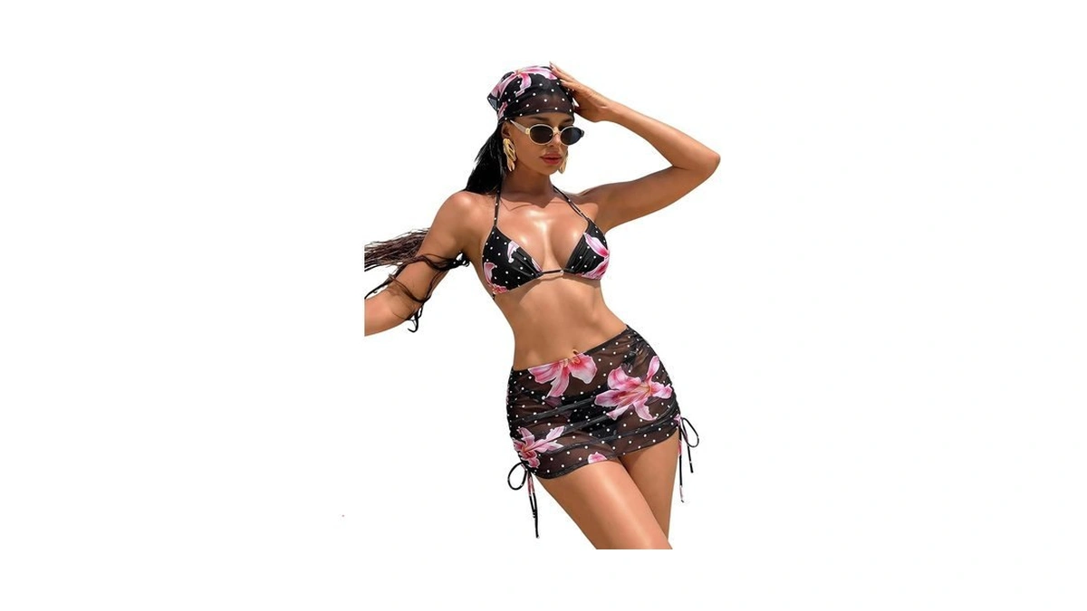 Roseseek Women's 4 Piece Swimsuits Floral Cheetah Bikini Sets Bathing