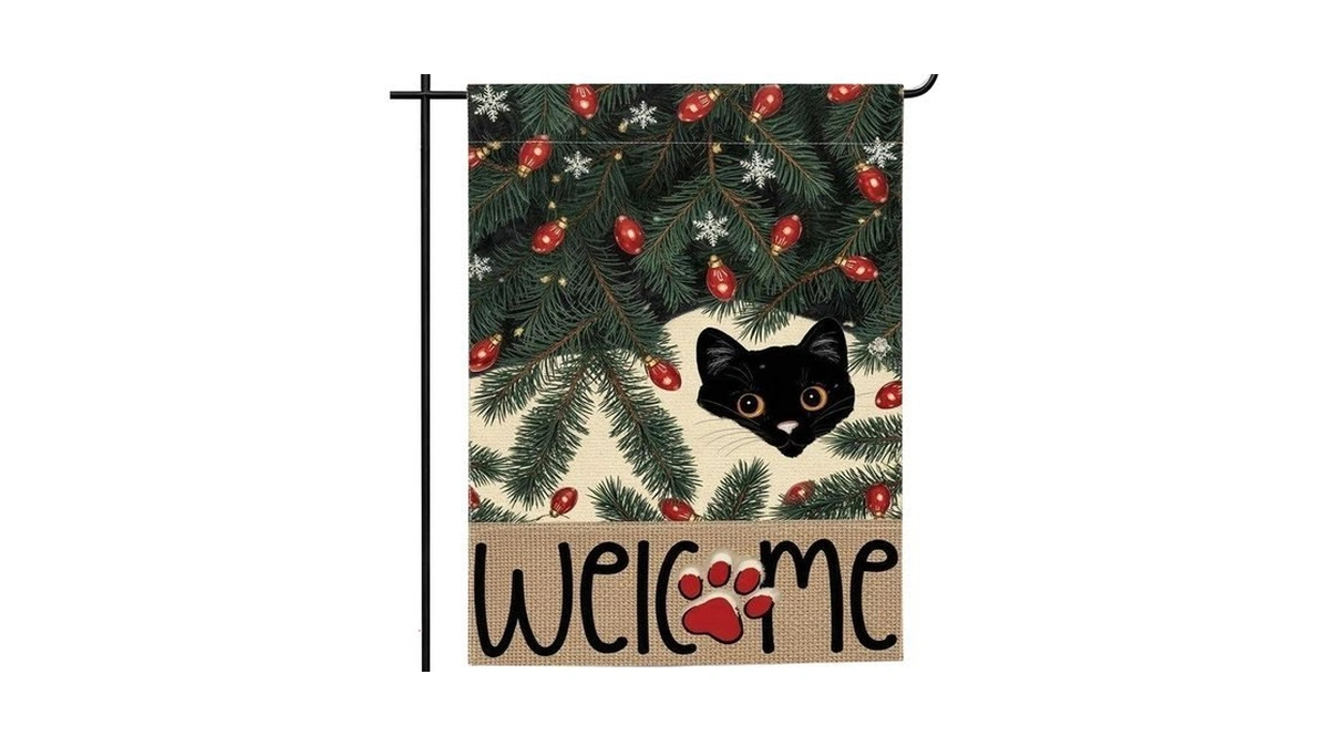 Black Cat Holly Christmas Welcome Garden Flag 12×18 Double Sided