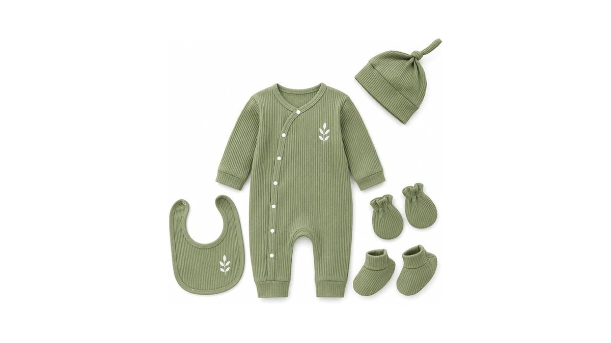 Joyshe Baby Boy 5-piece Ribbed Romper Set, 95% Cotton, 3-6