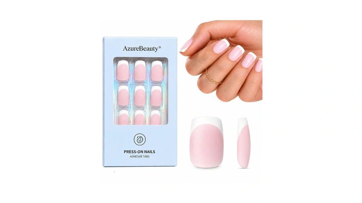 Azurebeauty Short Square Press On Nails, Matte Pink French Tip