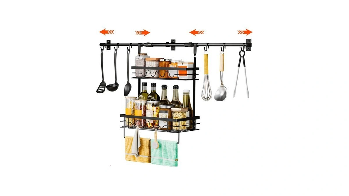 Wall-mounted Storage Rack, Adjustable Rod Length, Two-tier With Hooks