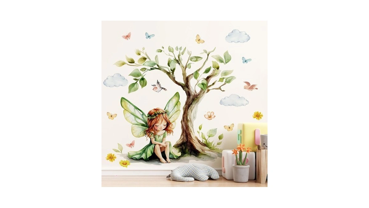 Drwssr 2sheets Removable Cartoon Green Butterfly Elf Girl Decals Fairy
