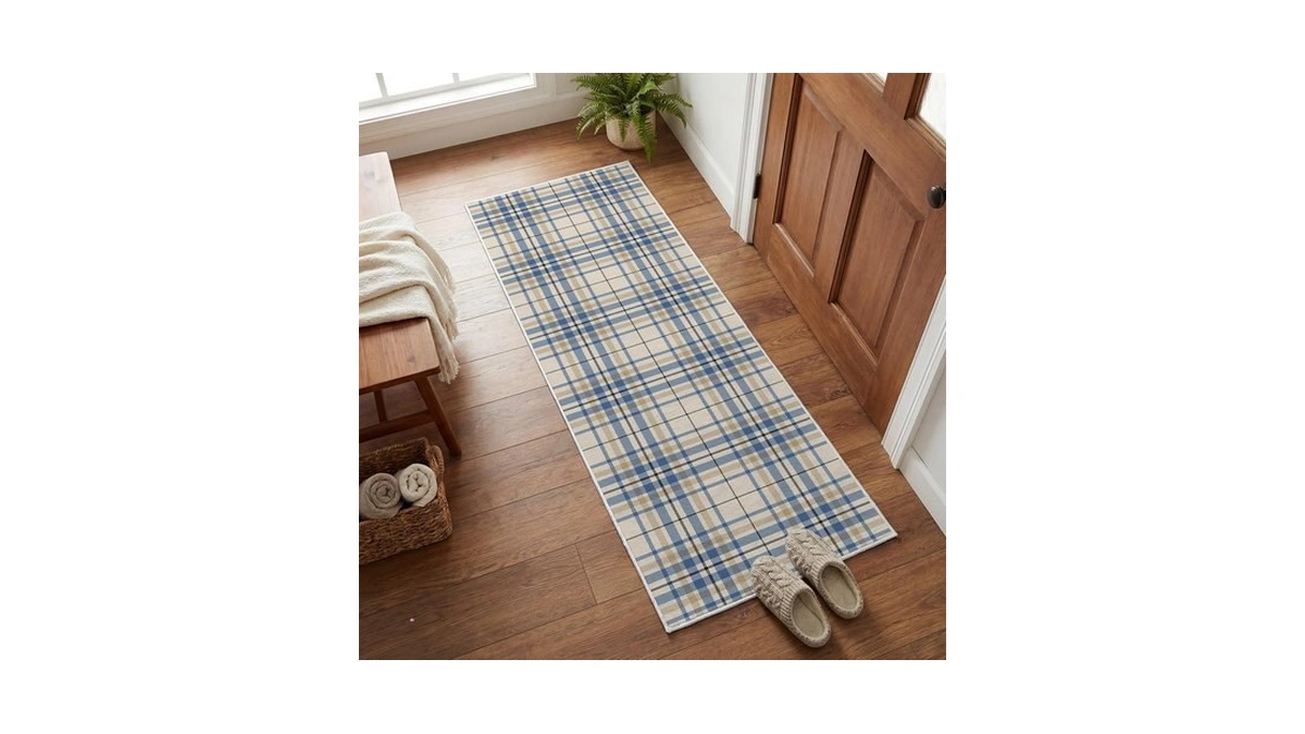 Artoid Mode Blue Beige Design Sense Plaid Runner Rug, Home