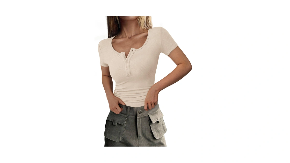 Prettygarden Women's Summer Tops Henley Tee Shirts (beige,large)