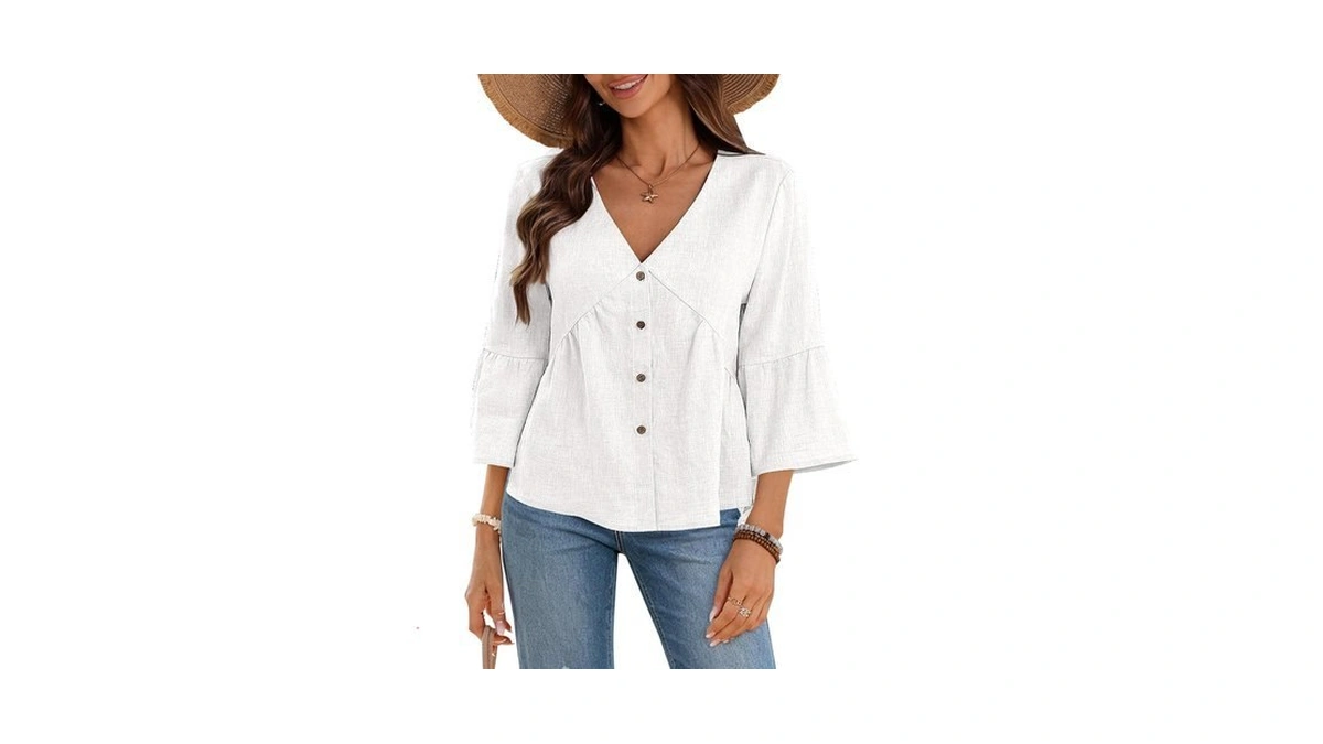 Vinglam Women's 100% Linen Button Shirt 3/4 Sleeve Cropped Ruffle