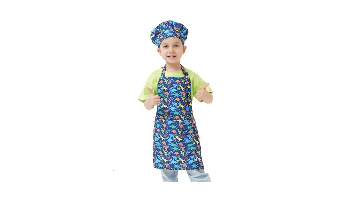 Alipobo Kids Apron And Hat Set (dinosaur Blue, 6-12 Years)