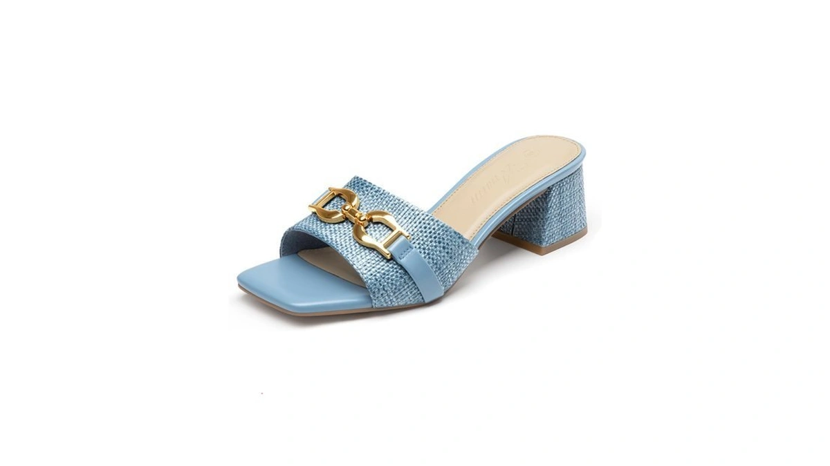 Athlefit Raffia Blue Sandals For Women Chunky Block Low Heels