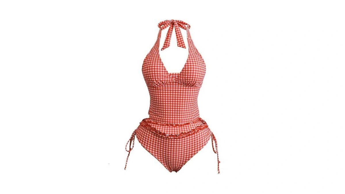 Verdusa Women's 2 Piece Gingham Halter Tankini Set Cheeky Crop