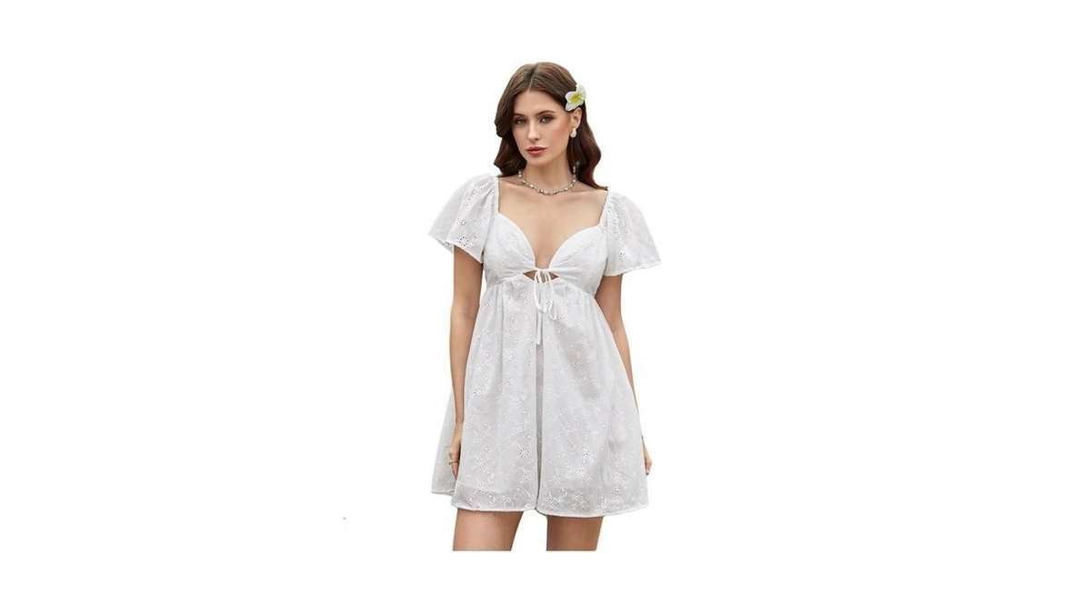 Makemechic Women's Casual Ruffle Mini Dress Summer Flutter Sleeve V