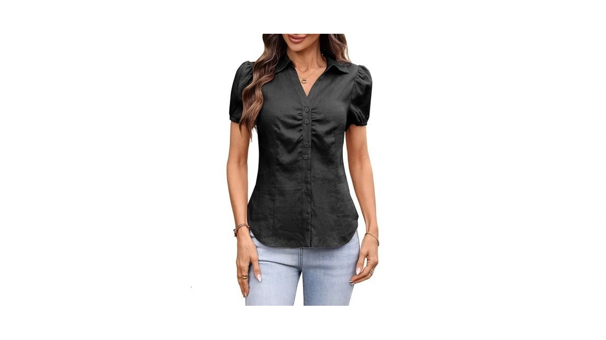 Vinglam Women's 100% Linen Shirt Button Down Collared Puff Sleeve