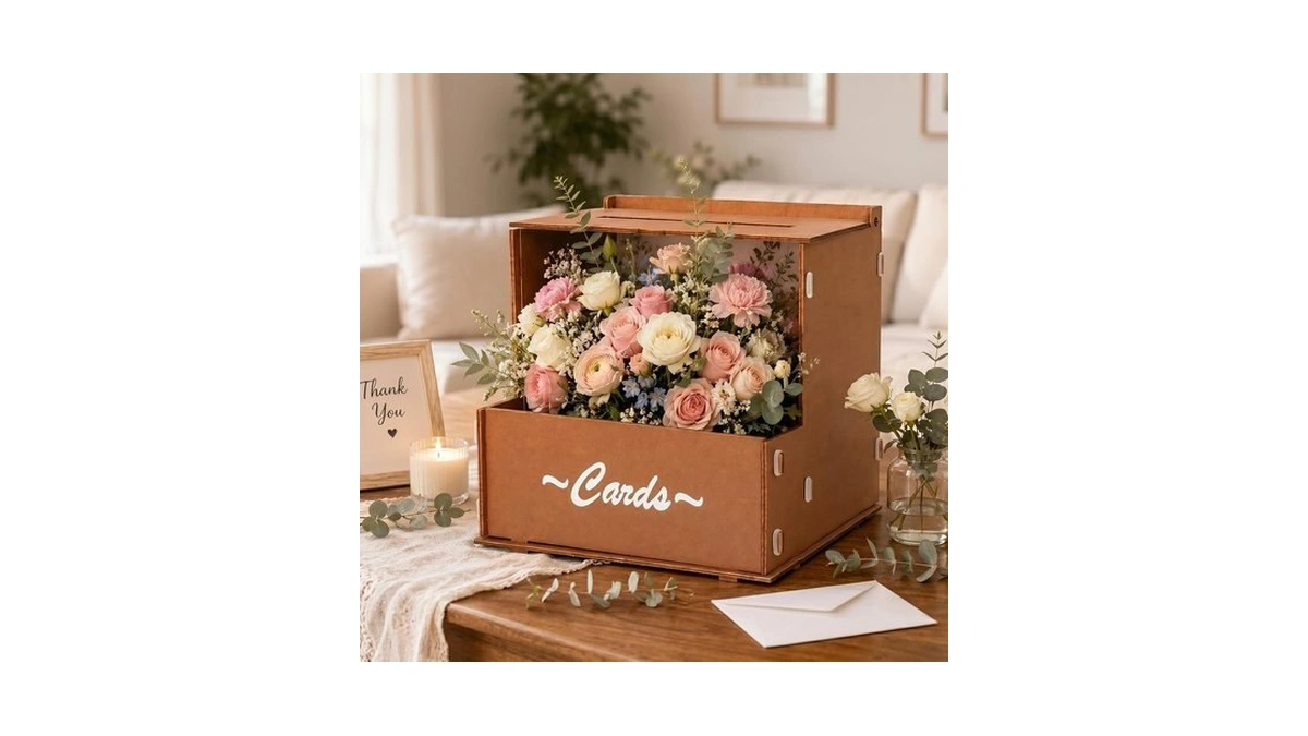 Sweetbloom Wedding Card Box, Brown Gift Card Box With Flower