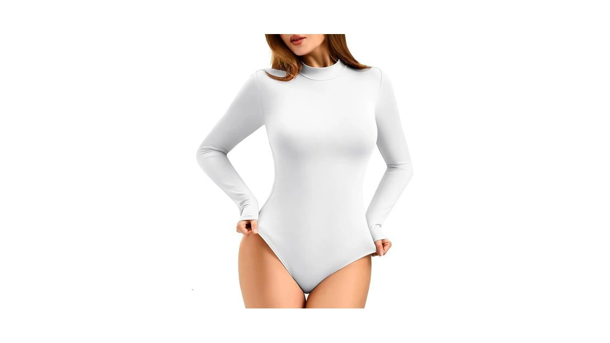Fawarior Women's Long Sleeve Mock Turtle Neck Bodysuit White S
